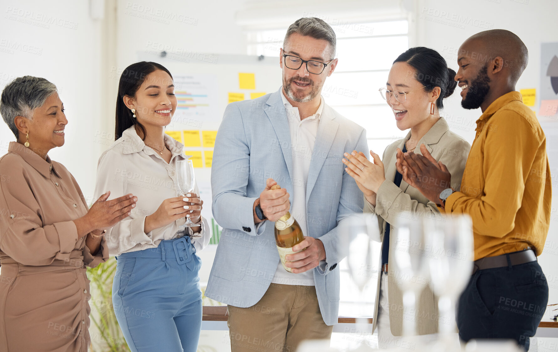 Buy stock photo Success, champagne and party with business people in office for winner, celebration and support. Teamwork, target and friends with group of employees for community, achievement and congratulations