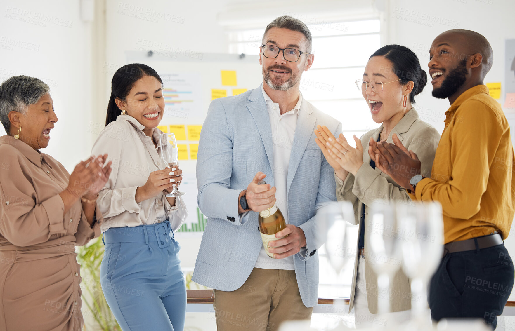 Buy stock photo Surprise, champagne and party with business people in office for winner, celebration and support. Teamwork, target and friends with group of employees for community, achievement and congratulations