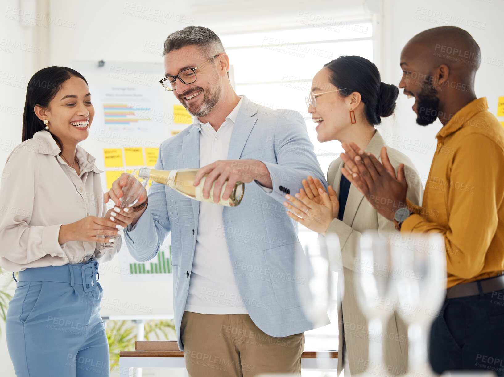 Buy stock photo Success, champagne and applause with business people in office for winner, celebration and support. Teamwork, target and friends with group of employees for community, achievement and congratulations