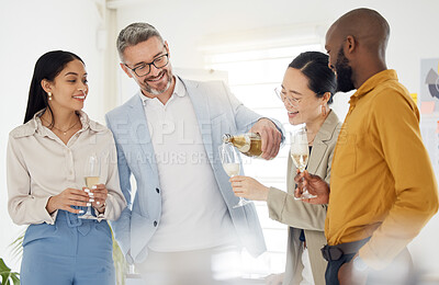 Buy stock photo Winner, champagne and party with business people in office for success, celebration and support. Teamwork, target and friends with group of employees for community, achievement and congratulations