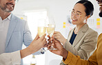 Toast, champagne and party with business people in office for winner, celebration and support. Teamwork, target and friends with employees and cheers for community, achievement and congratulations