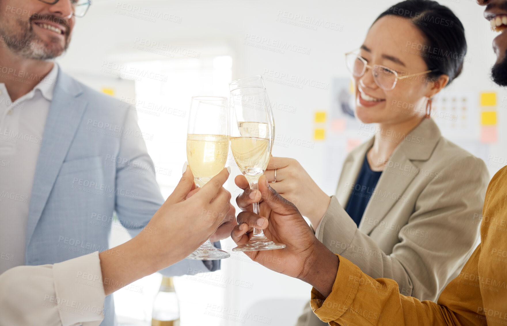 Buy stock photo Toast, champagne and party with business people in office for winner, celebration and support. Teamwork, target and friends with employees and cheers for community, achievement and congratulations