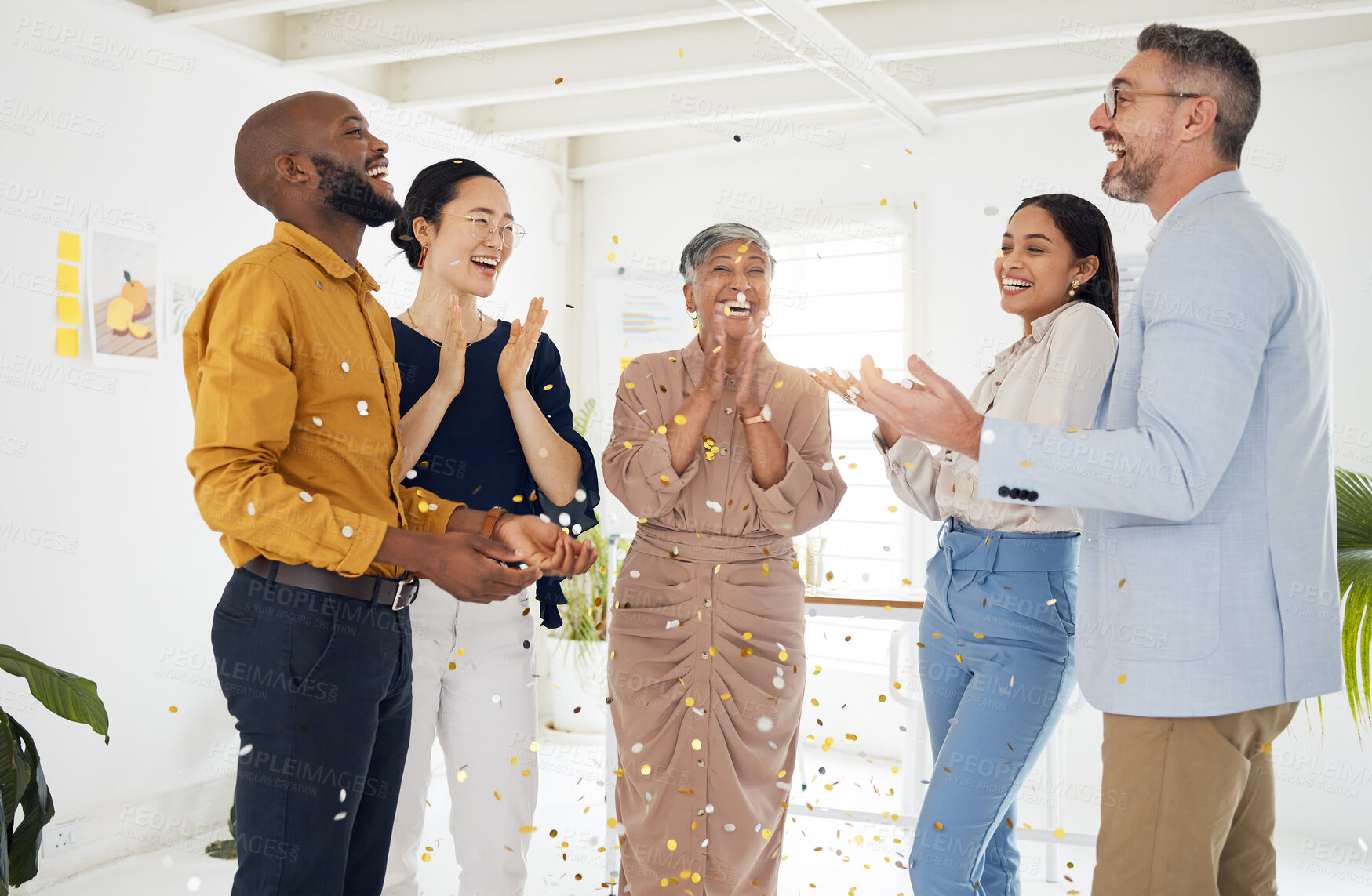 Buy stock photo Winner, confetti and party with business people in office for success, celebration and support. Teamwork, target and friends with group of employees for community, achievement and congratulations