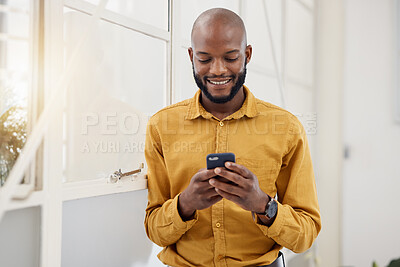 Buy stock photo Business, happy black man and typing with phone in office for social network, mobile website and internet contact. Employee scroll on smartphone chat, reading news app and notification of information