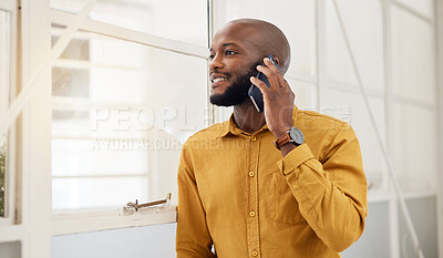 Buy stock photo Business, happy black man and thinking with phone call communication in office for feedback on mobile. Employee talking on smartphone for contact, consulting and conversation to chat ideas at window