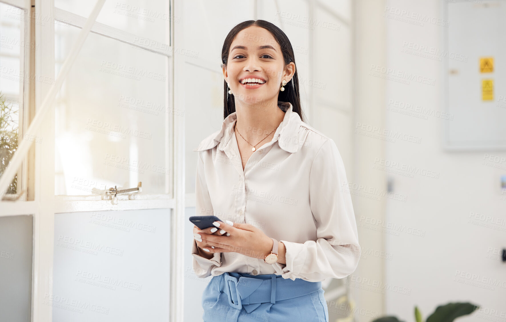 Buy stock photo Happy woman, portrait and typing on smartphone in office for social media, networking and mobile contact in Colombia. Business worker scroll on cellphone tech, digital information and smile at window