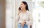 Business woman, laugh and phone call for conversation, feedback and mobile chat in office. Happy employee talking on smartphone for contact, consulting and thinking of funny communication at window