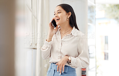 Buy stock photo Business woman, laugh and phone call for conversation, feedback and mobile chat in office. Happy employee talking on smartphone for contact, consulting and thinking of funny communication at window