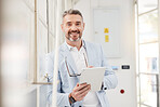 Tablet, online and portrait of businessman search information on the internet for company growth and planning on an app. Web, glasses and entrepreneur or person with email and working on schedule