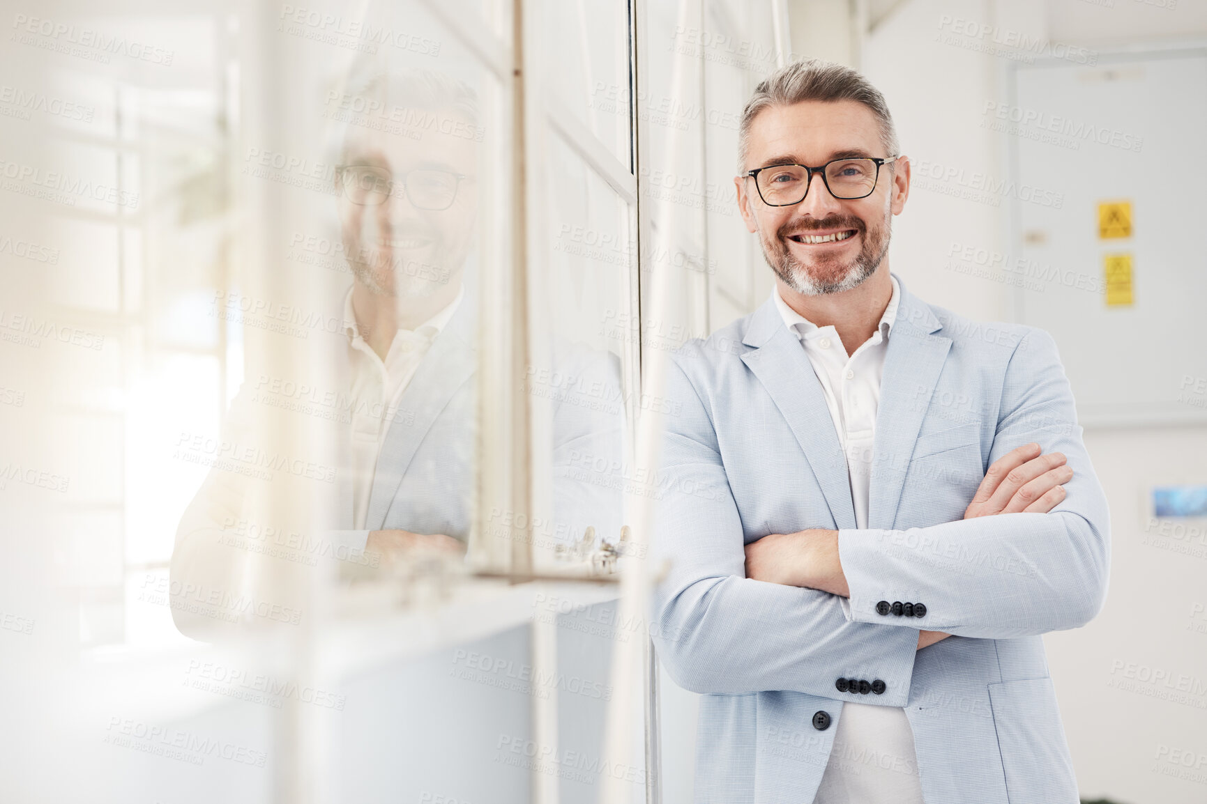 Buy stock photo Smile, executive and portrait of a businessman with arms crossed in an office for professional pride. Happy, corporate and a mature manager or ceo working with confidence in workplace management