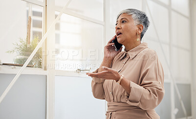 Buy stock photo Senior woman, phone call and networking in a office with a smile and mobile conversation for work. Person, female professional and discussion from contact and communication for business online