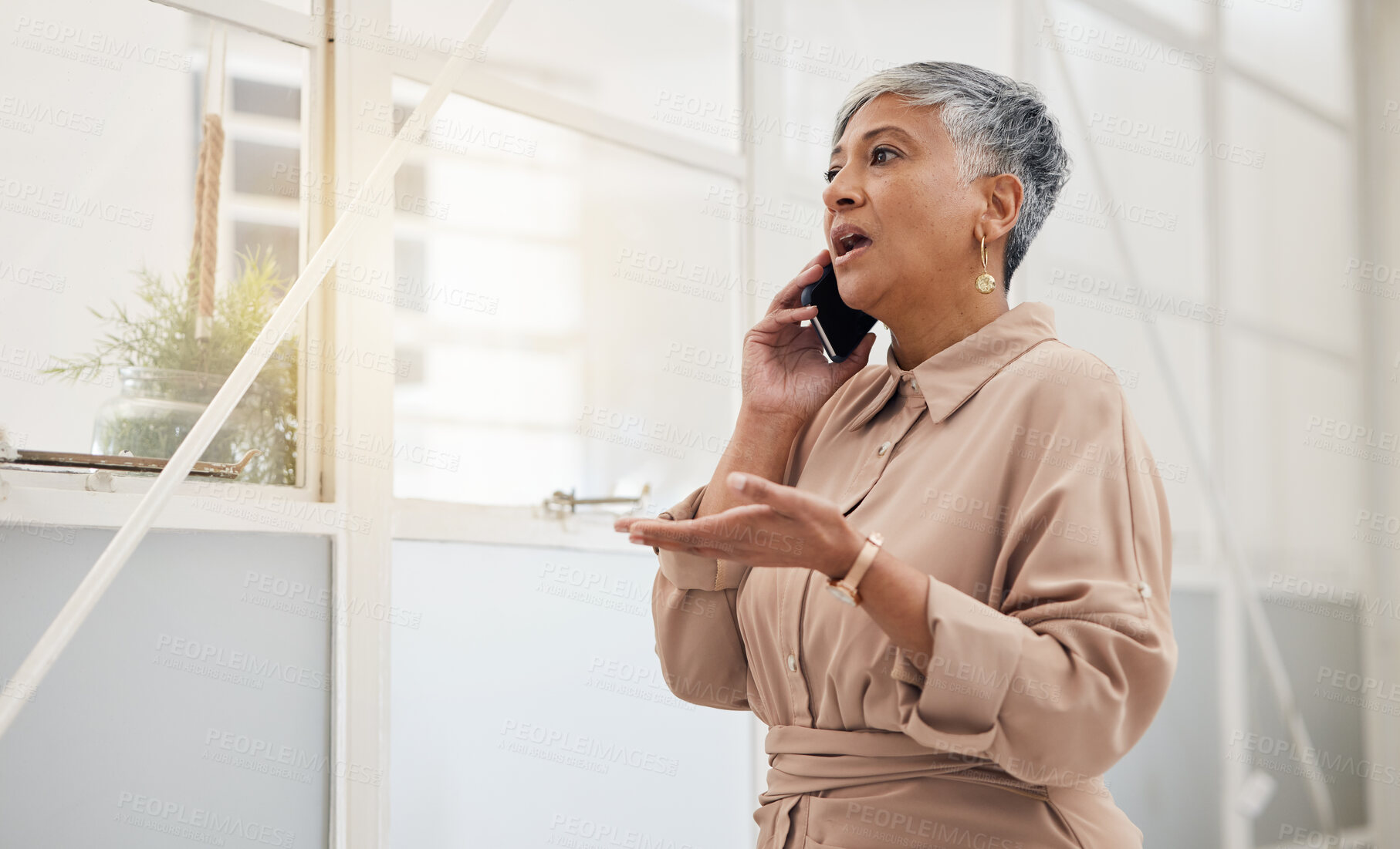 Buy stock photo Senior woman, phone call and networking in a office with a smile and mobile conversation for work. Person, female professional and discussion from contact and communication for business online