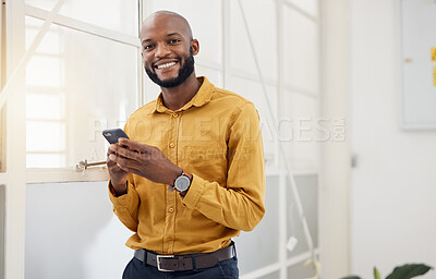 Buy stock photo Happy black man, portrait and typing on smartphone in office for social media, networking and mobile contact. Business employee with phone, reading tech notification and information with digital chat