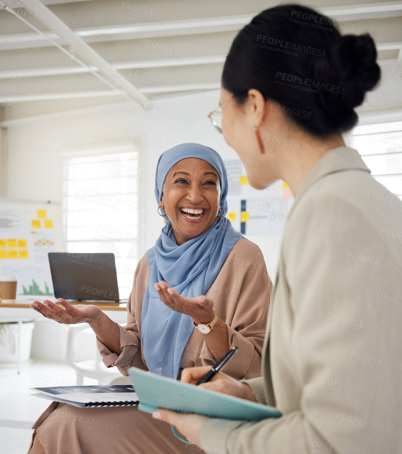 Buy stock photo Collaboration, smile and a muslim business woman in the office with a colleague for planning in a meeting. Teamwork, training and coaching with a mentor talking to an employee in the workplace