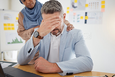 Buy stock photo Depression, stress and a business man with empathy, support and help in office. Burnout, fired and entrepreneur person with headache, bad news or dismissal with comforting hand of friend on shoulder