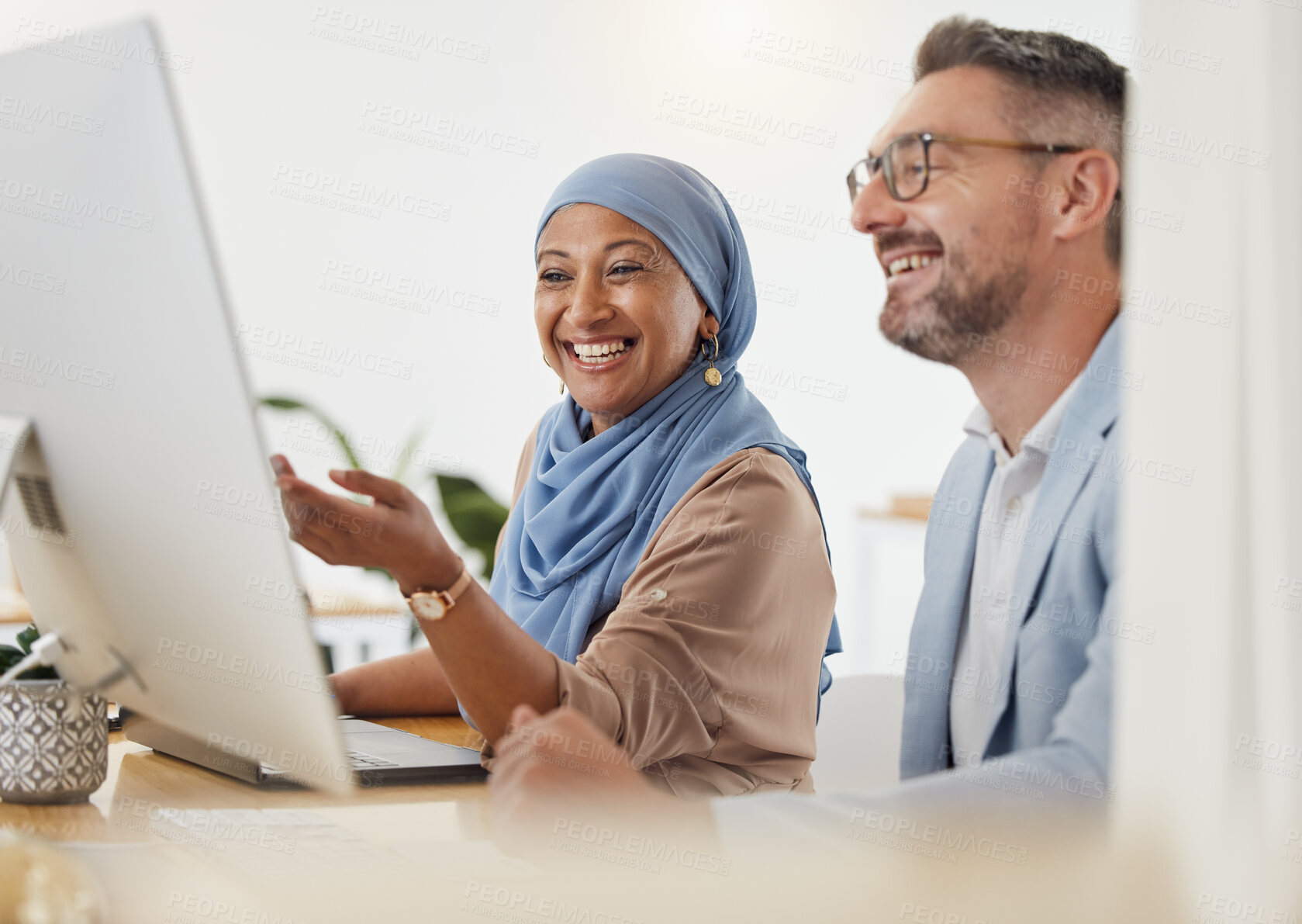 Buy stock photo Training, feedback and computer with business people in office for creative, diversity and coaching. Teamwork, collaboration and consulting with employees in digital agency for website and designer