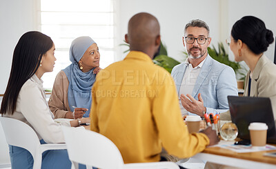 Buy stock photo Ceo, planning and teamwork with business people in meeting for brainstorming, project management and partnership. Strategy, collaboration and solution with employees in office for client proposal