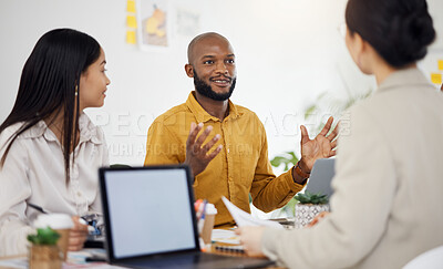 Buy stock photo Strategy, planning and idea with business people in meeting for brainstorming, project management and partnership. Teamwork, collaboration and solution with employees in office for client proposal