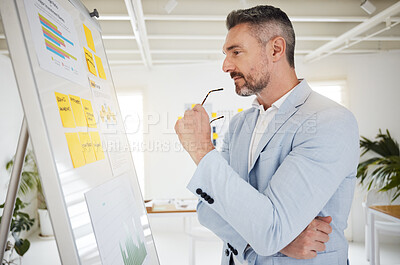 Buy stock photo Planning, thinking and business man in office with vision board, graph and financial, budget or growth development. Idea, strategy and male manager brainstorming, solution or kpi, problem solving 