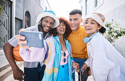 Buy stock photo Friends, selfie and city with smile, gen z and laugh of university students for social media. Profile picture, portrait and diversity of young people on a urban street on vacation with trendy fashion