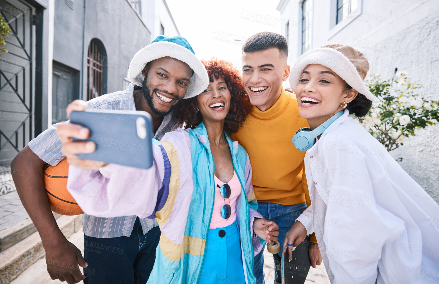 Buy stock photo Friends, selfie and city with smile, gen z and laugh of university students for social media. Profile picture, portrait and diversity of young people on a urban street on vacation with trendy fashion