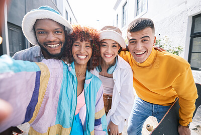 Buy stock photo Friends, selfie and city with happy, gen z and smile of university students for social media. Profile picture, portrait and diversity of young people on a urban street on vacation with trendy fashion