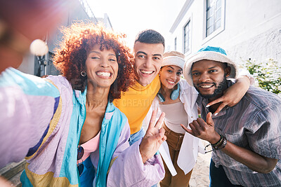 Buy stock photo Friends, selfie and city with peace sign, gen z and smile of university students for social media. Profile picture, portrait and diversity of young people on a urban street happy with trendy fashion