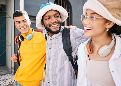 Buy stock photo Happy group of friends in city walking, talking and relax on holiday, adventure and weekend together on street. Travel, fashion and men and women in urban town for bonding, conversation and explore