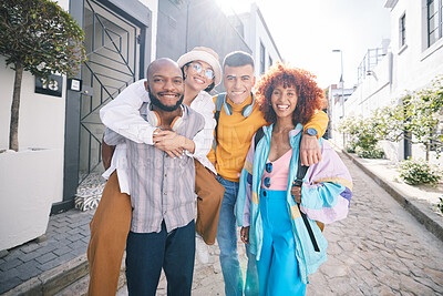 Buy stock photo Friends, city and portrait of people outdoor for travel, fashion and fun with piggyback and smile. Diversity, happiness and group of men and woman on date, adventure and freedom on urban street