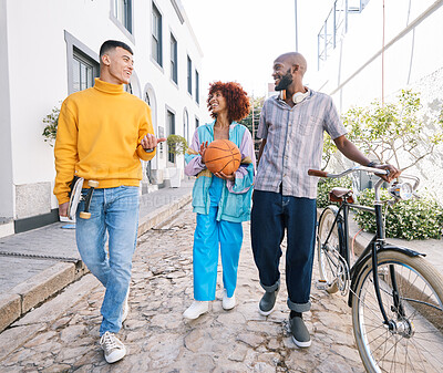 Buy stock photo People, city and friends walking and talking with a basketball and bicycle outdoor for travel and fun. Diversity, happiness and student group of men and woman for adventure and freedom on street