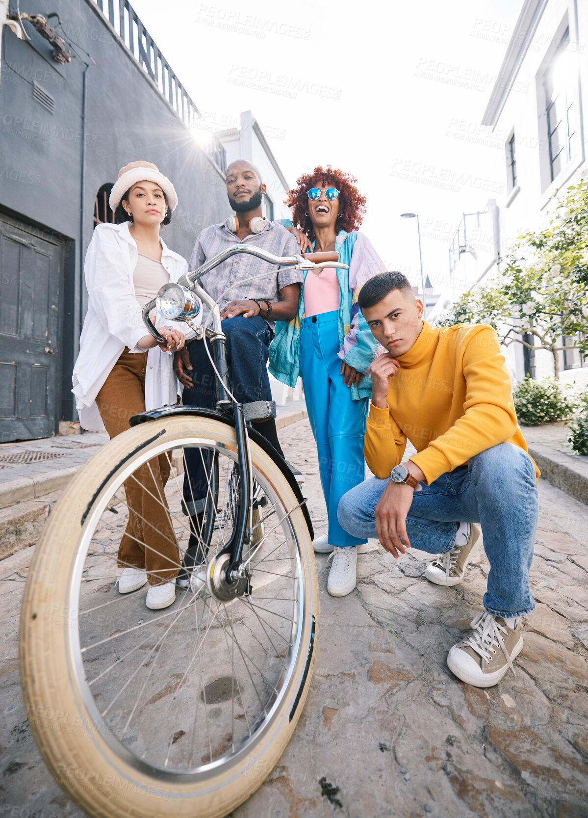 Buy stock photo Friends group, bicycle and portrait outdoor for travel, fashion style and fun with young people in city. Diversity, gen z and men and women with cool attitude on student adventure on urban street