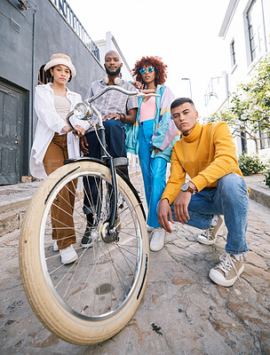 Buy stock photo Friends portrait, bicycle and group outdoor for travel, fashion style and fun with young people in city. Diversity, gen z and men and women with cool attitude and student adventure on urban street