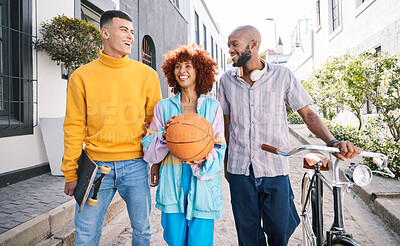 Buy stock photo People, city and friends walking outdoor with a basketball and bicycle for student travel and fun. Diversity, talking and group of men and woman laugh on funny adventure and freedom on urban street