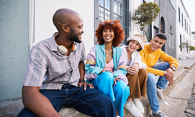 Buy stock photo Group of friends in city talking, relax and happy on holiday, adventure and weekend together on street. Travel, fashion and men and women in urban town for bonding, funny conversation and discussion