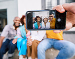 Friends, phone screen and selfie of people outdoor for travel, happiness and fun in city. Diversity, social media and profile picture of student group or men and woman with freedom on urban street
