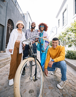 Buy stock photo Friends group, bicycle and happy outdoor for travel, fashion style and fun with youth in the city. Diversity, gen z and men and women portrait to relax, student adventure or freedom on urban street