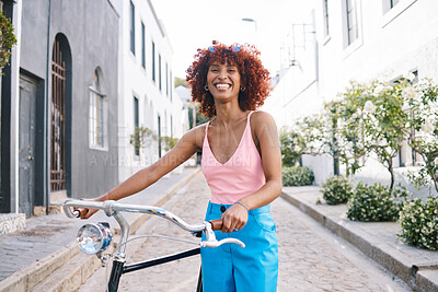 Buy stock photo Bike, gen z or portrait of happy woman cycling with street fashion in urban outdoor activity on holiday. City girl, streetwear and sustainable transport, carbon neutral travel on bicycle in road