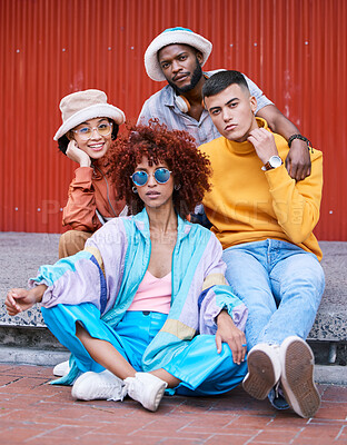 Buy stock photo Friends, fashion and gen z, people in portrait and diversity, relax on sidewalk and casual, cool and young. Students, urban streetwear style and friendship, trendy clothes and together outdoor