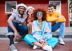 Friends, city and portrait of happy people outdoor for travel, fashion and sunglasses. Diversity, gen z and student group or men and woman on funny date, break to relax and freedom on urban sidewalk