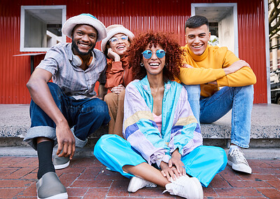 Buy stock photo Friends, city and portrait of happy people outdoor for travel, fashion and sunglasses. Diversity, gen z and student group or men and woman for funny laugh, relax and freedom on urban sidewalk