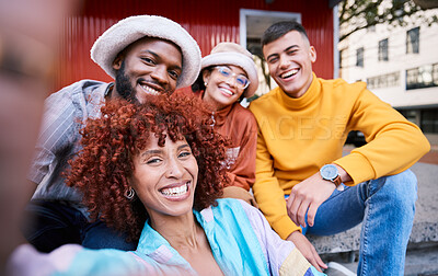 Buy stock photo Friends, selfie and urban city with happy, gen z and smile of university students for social media. Profile picture, portrait and diversity of young people on a street on vacation with trendy fashion