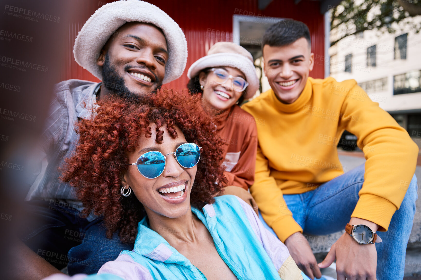 Buy stock photo Selfie, friends and happy in portrait, gen z and fashion with smile, casual and cool, social media post and memory. Young people in picture, content creation and streetwear, influencer and friendship