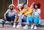 People, city and portrait of friends outdoor for travel, fashion and serious attitude. Diversity, gen z and student group or men and woman on date, holiday adventure and freedom on urban sidewalk