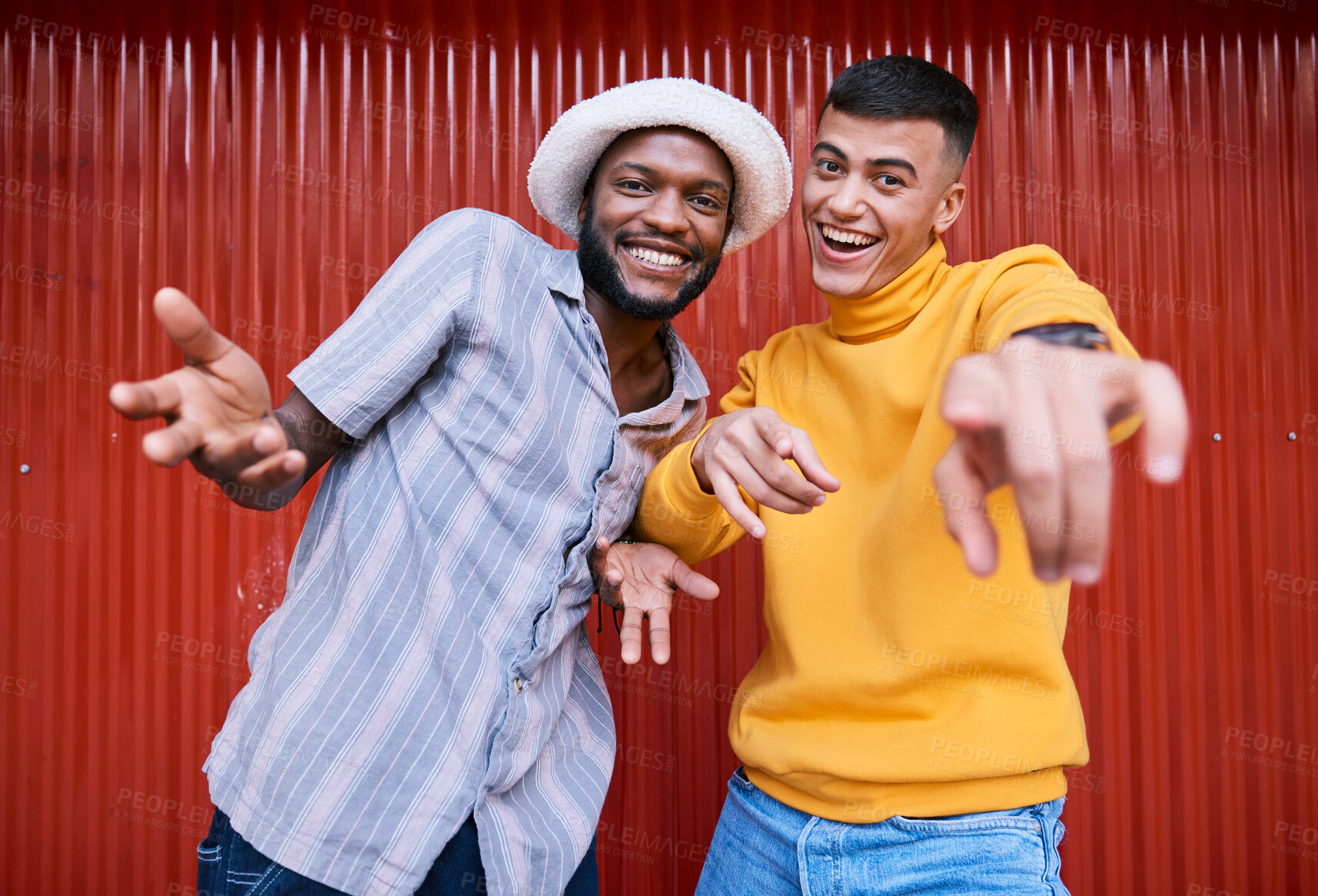 Buy stock photo Men, gen z or portrait of friends outdoor on red background in streetwear with fashion or style together. Diversity, students or excited people with happiness, smile or freedom on holiday vacation