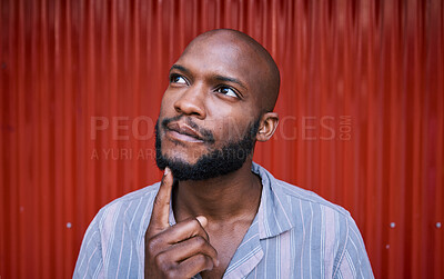 Buy stock photo Thinking, outdoor and black man with ideas, solution and problem solving against a red wall background. African person, guy and model with wonder, doubt and fantasy with thoughts, question and choice