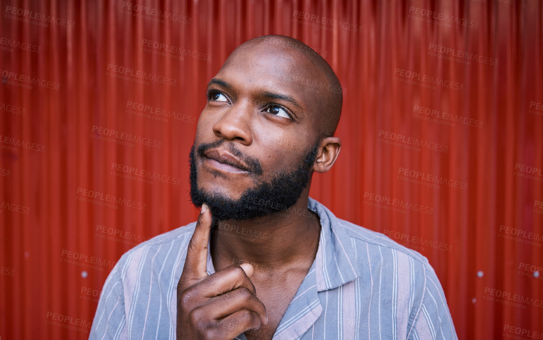 Buy stock photo Thinking, outdoor and black man with ideas, solution and problem solving against a red wall background. African person, guy and model with wonder, doubt and fantasy with thoughts, question and choice
