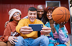 Selfie, basketball and friends in the city together taking a profile picture for fashion or urban style. Smile, social media and ball with a youth diversity group taking a mobile photograph in town