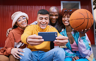 Buy stock photo Selfie, basketball and friends in the city together taking a profile picture for fashion or urban style. Smile, social media and ball with a youth diversity group taking a mobile photograph in town
