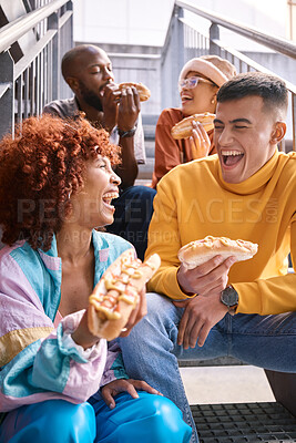 Buy stock photo People, city and friends eating hotdog outdoor for travel, funny laugh and fun on stairs. Diversity, happiness and gen z group of men and women with food on date, adventure and freedom in urban town