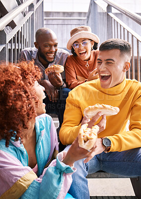 Buy stock photo Friends, hotdog and people eating outdoor for travel, funny laugh and fun on stairs. Diversity, happiness and gen z group of men and women with food on date, adventure and freedom in urban town